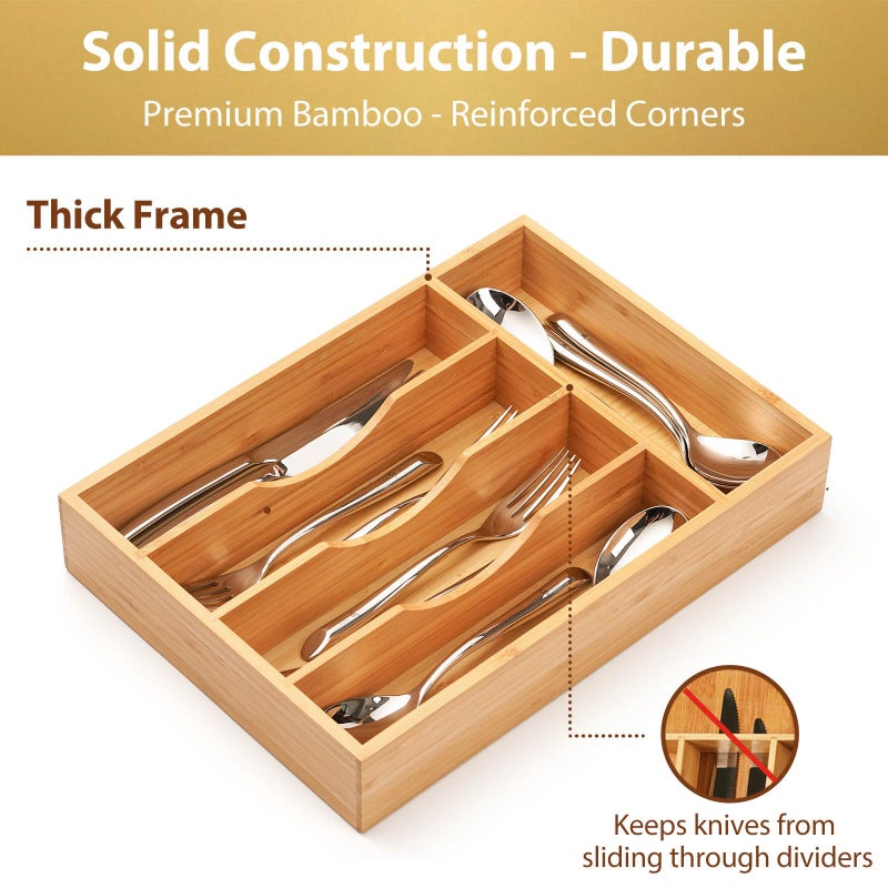 Umilife Bamboo Kitchen Drawer Organizer  11 Inch Silverware Utensils Tray Holder with Grooved Dividers  2.4"" High Wood Caddy for Flatware Cutlery Knives - Image 3